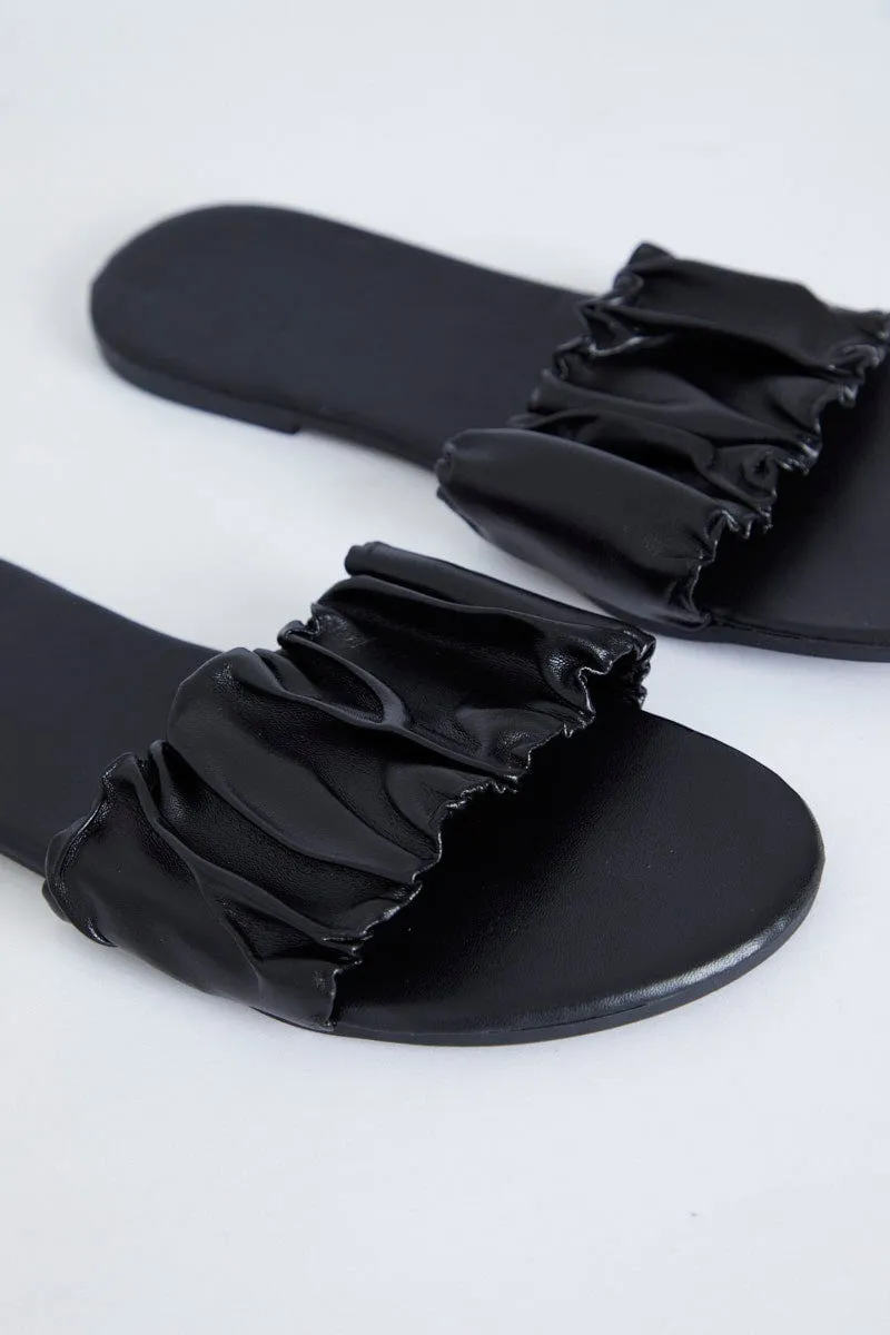 Black Ruched Top Flat Sliders