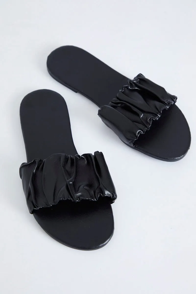 Black Ruched Top Flat Sliders