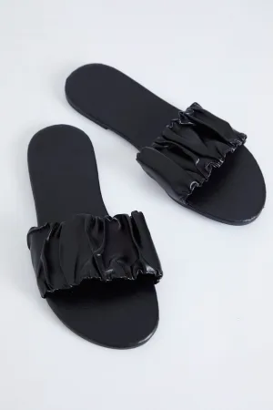 Black Ruched Top Flat Sliders
