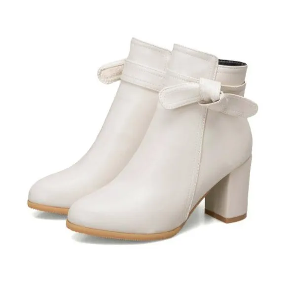 Bowknot block heels ankle boots