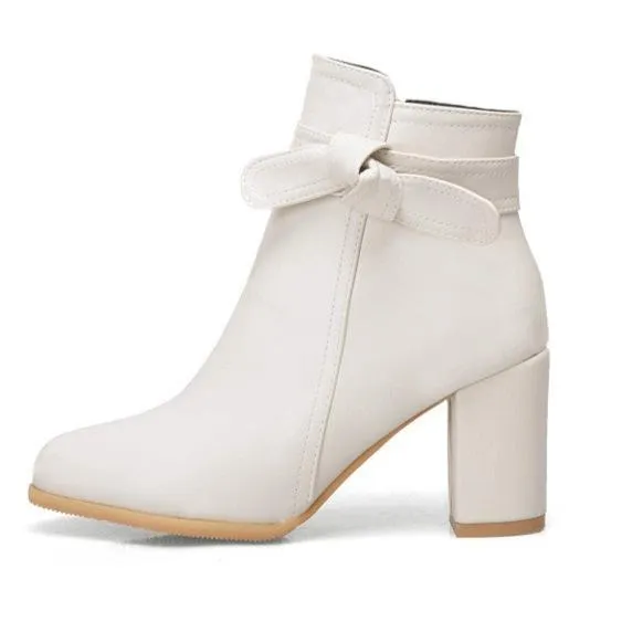 Bowknot block heels ankle boots