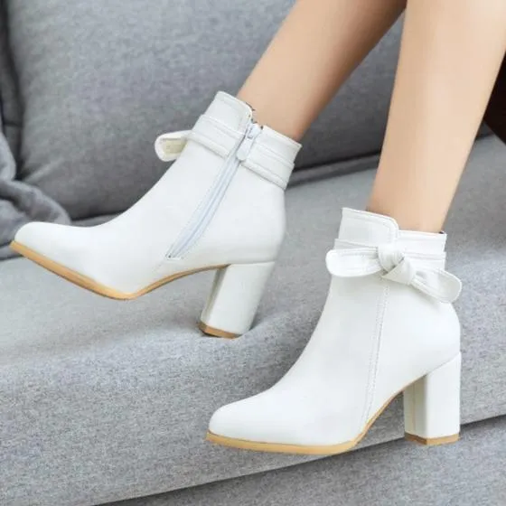 Bowknot block heels ankle boots