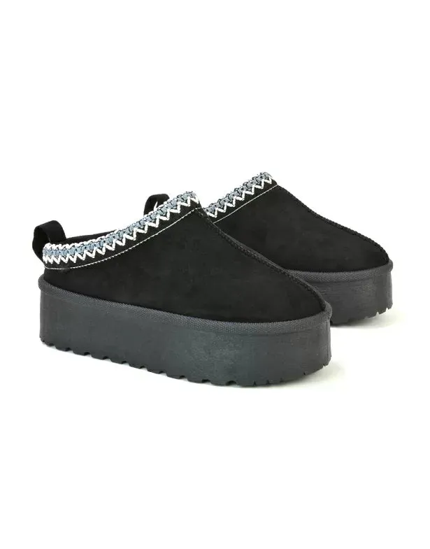Candice Aztec Slip On Faux Fur Insole Platform Flatform Slipper Ultra Mini Boots in Black