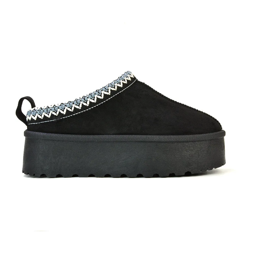 Candice Aztec Slip On Faux Fur Insole Platform Flatform Slipper Ultra Mini Boots in Black