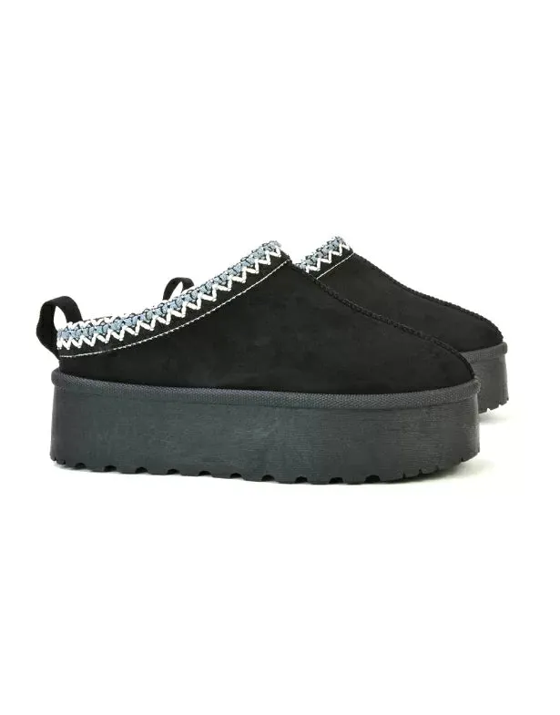 Candice Aztec Slip On Faux Fur Insole Platform Flatform Slipper Ultra Mini Boots in Black