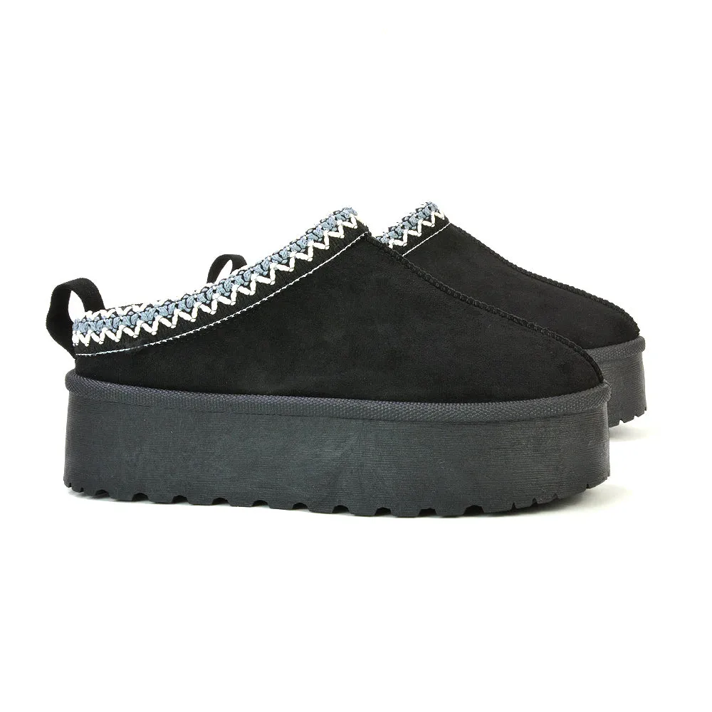 Candice Aztec Slip On Faux Fur Insole Platform Flatform Slipper Ultra Mini Boots in Black
