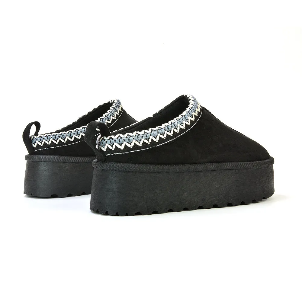 Candice Aztec Slip On Faux Fur Insole Platform Flatform Slipper Ultra Mini Boots in Black