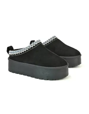 Candice Aztec Slip On Faux Fur Insole Platform Flatform Slipper Ultra Mini Boots in Black