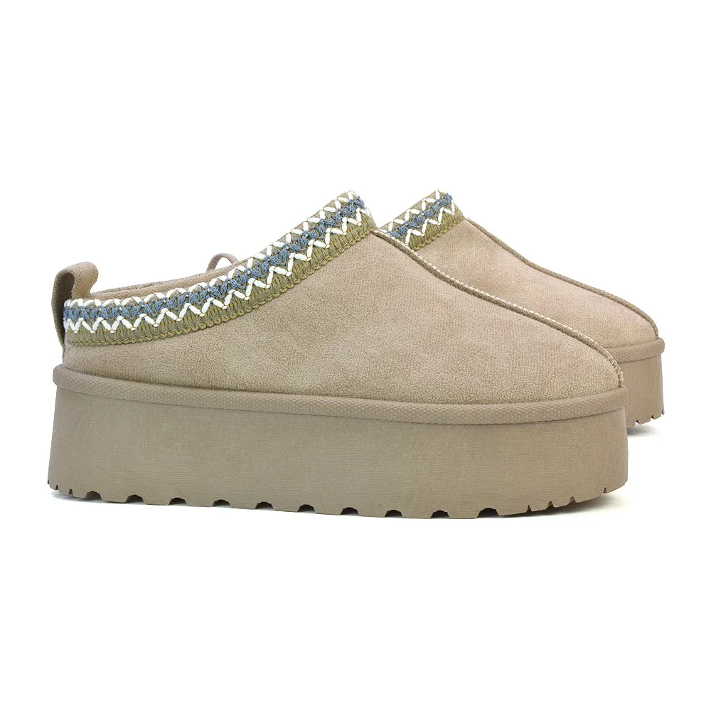 Candice Aztec Slip On Faux Fur Insole Platform Flatform Slipper Ultra Mini Boots in Black