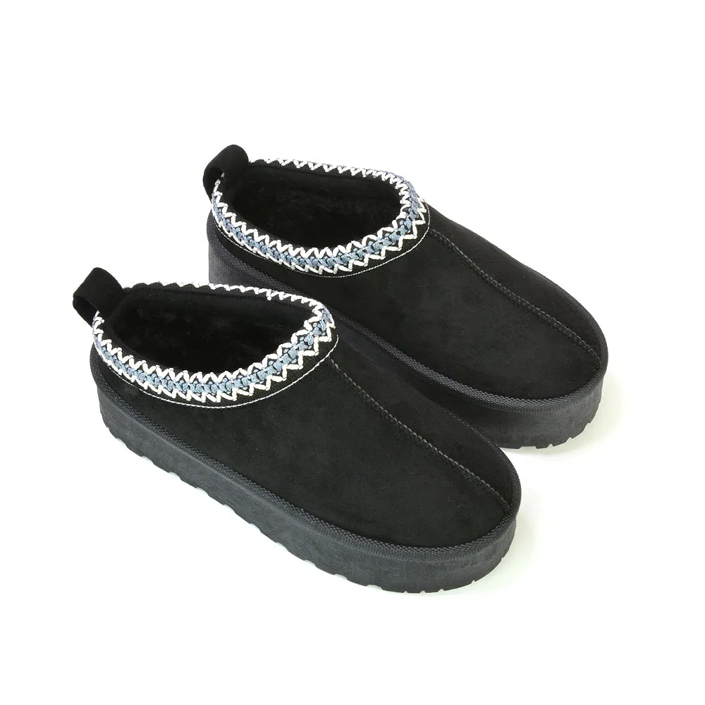 Candice Aztec Slip On Faux Fur Insole Platform Flatform Slipper Ultra Mini Boots in Black