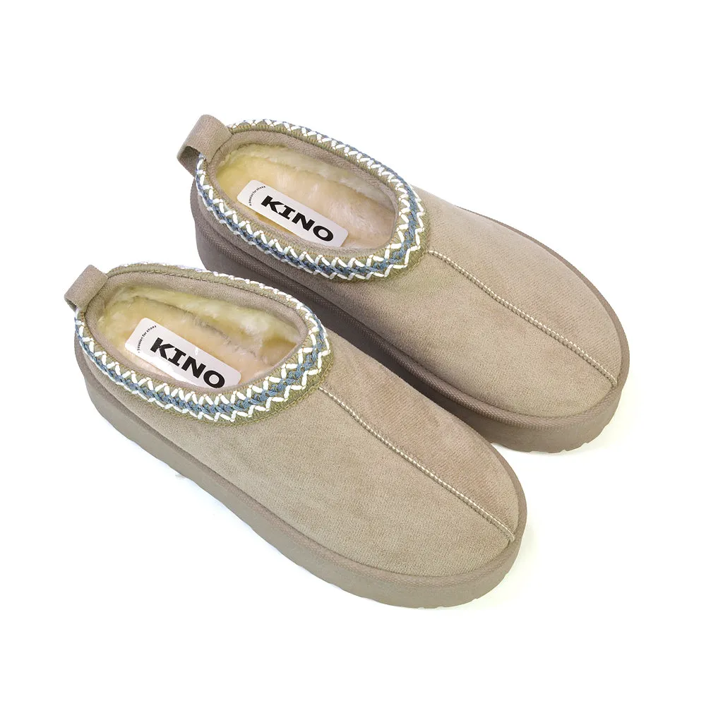 Candice Aztec Slip On Faux Fur Insole Platform Flatform Slipper Ultra Mini Boots in Black