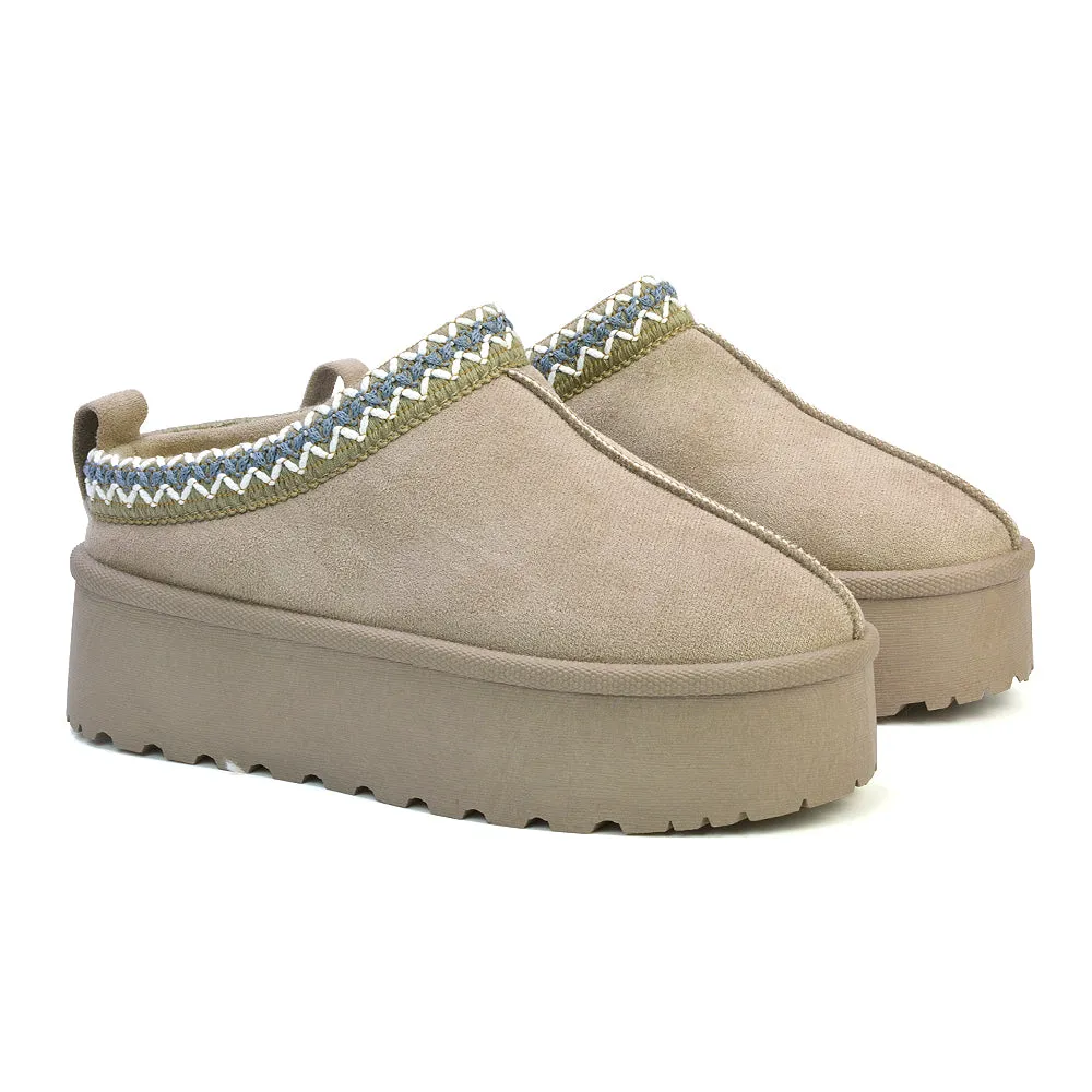 Candice Aztec Slip On Faux Fur Insole Platform Flatform Slipper Ultra Mini Boots in Black