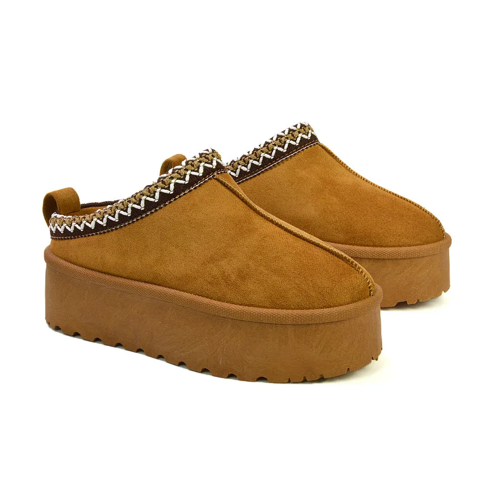 Candice Aztec Slip On Faux Fur Insole Platform Flatform Slipper Ultra Mini Boots in Black