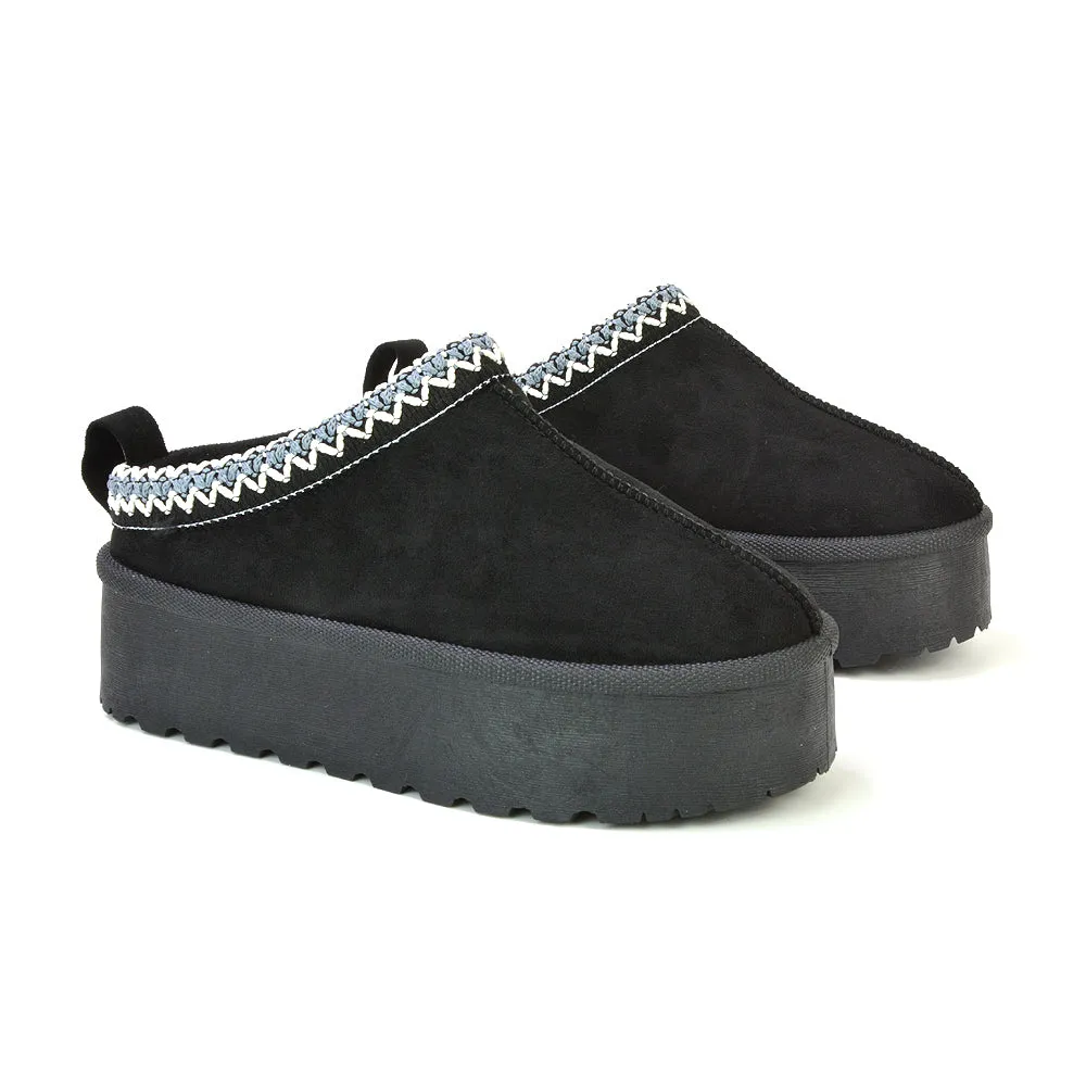 Candice Aztec Slip On Faux Fur Insole Platform Flatform Slipper Ultra Mini Boots in Black