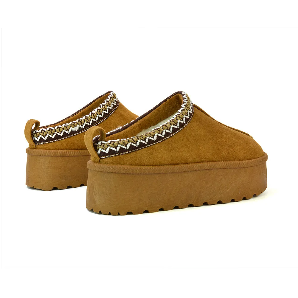 Candice Aztec Slip On Faux Fur Insole Platform Flatform Slipper Ultra Mini Boots in Black