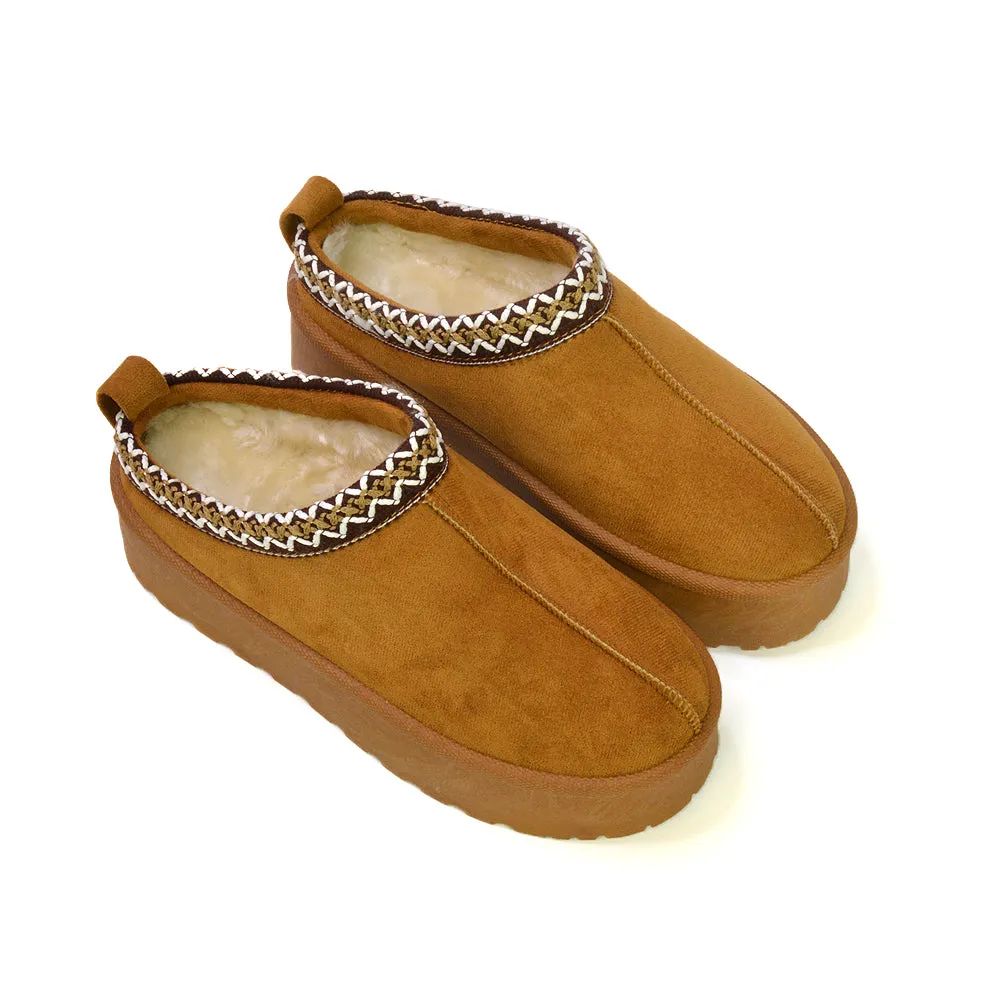 Candice Aztec Slip On Faux Fur Insole Platform Flatform Slipper Ultra Mini Boots in Black