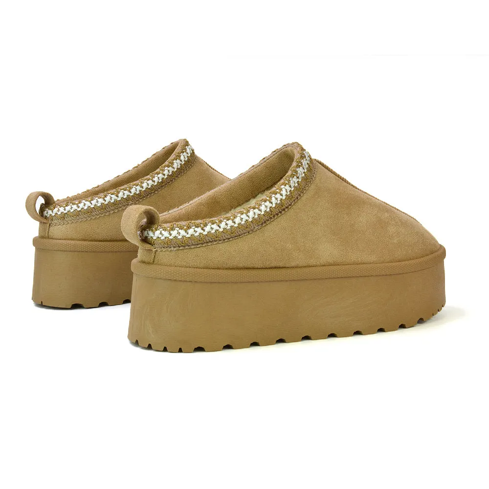 Candice Aztec Slip On Faux Fur Insole Platform Flatform Slipper Ultra Mini Boots in Black