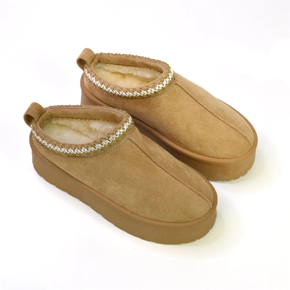 Candice Aztec Slip On Faux Fur Insole Platform Flatform Slipper Ultra Mini Boots in Black