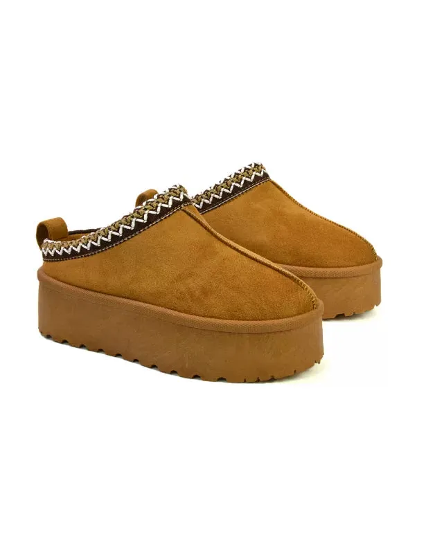 Candice Aztec Slip On Faux Fur Insole Platform Flatform Slipper Ultra Mini Boots in Black