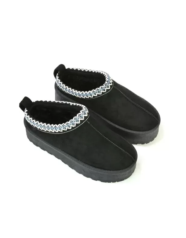 Candice Aztec Slip On Faux Fur Insole Platform Flatform Slipper Ultra Mini Boots in Black