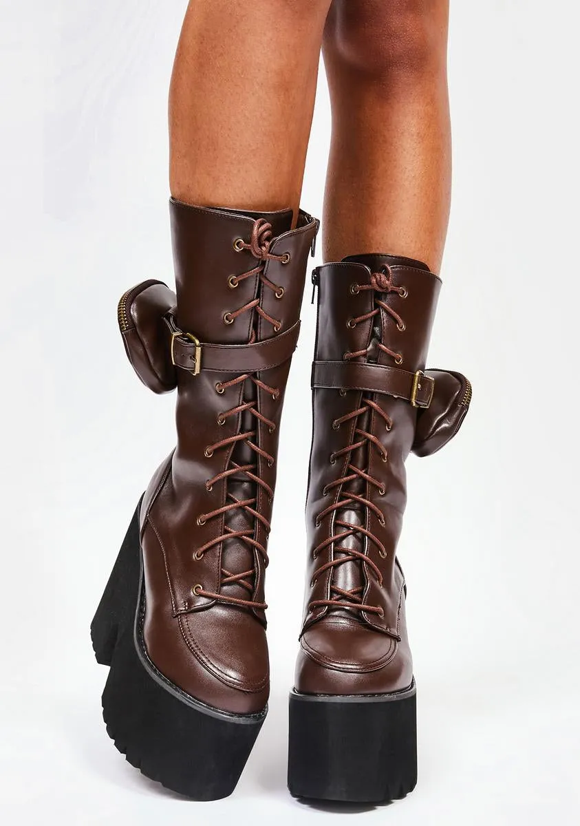 Coffee Grand March Pocket Platform Boots