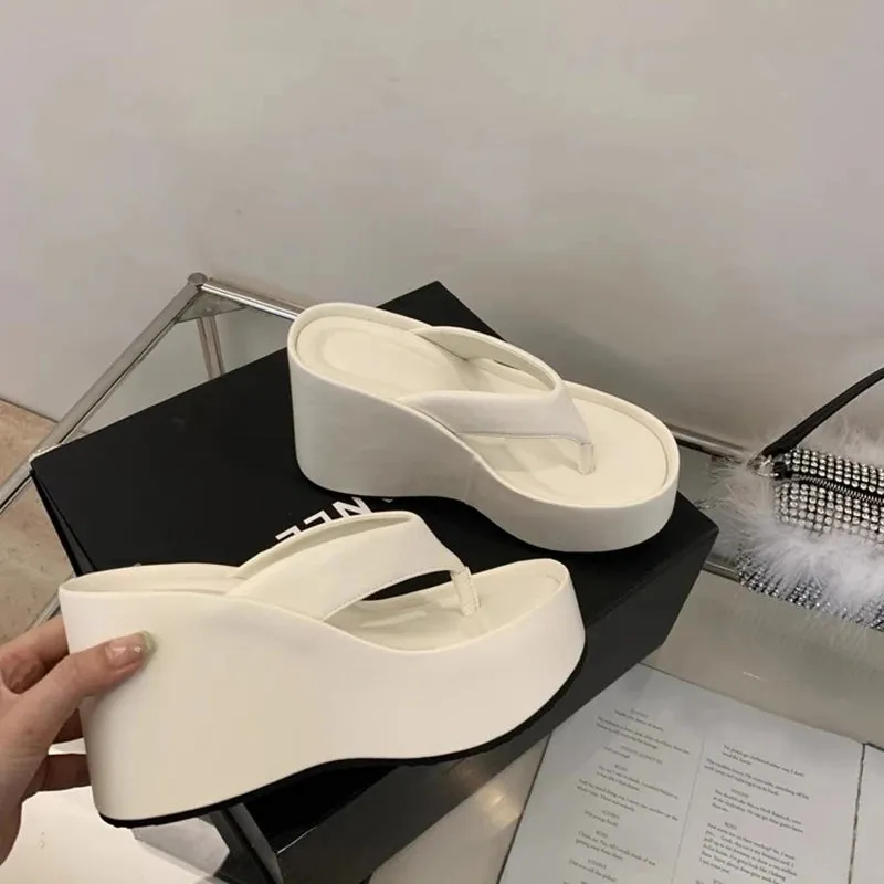 Hnzxzm Summer Chunky Woman Slippers Fashion Platform Wedges High Heel Silvery Ladies Shoes