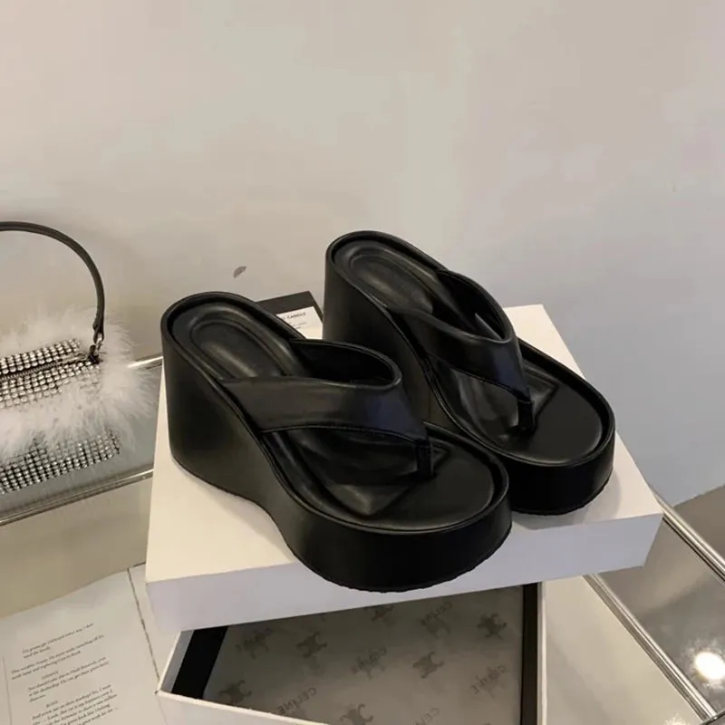 Hnzxzm Summer Chunky Woman Slippers Fashion Platform Wedges High Heel Silvery Ladies Shoes