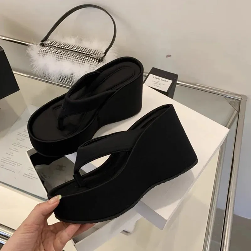 Hnzxzm Summer Chunky Woman Slippers Fashion Platform Wedges High Heel Silvery Ladies Shoes