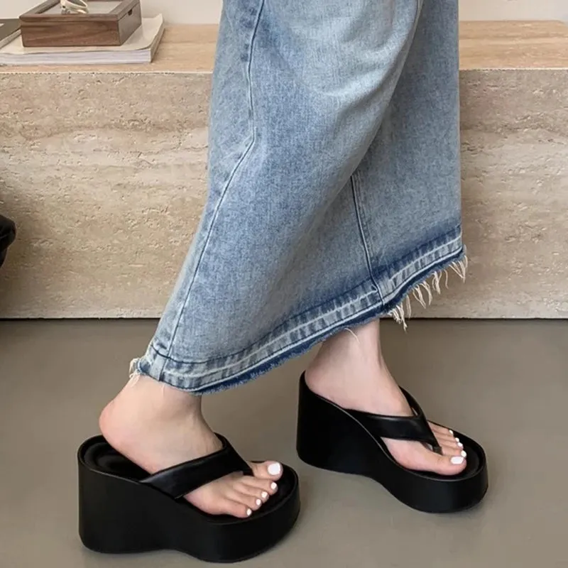 Hnzxzm Summer Chunky Woman Slippers Fashion Platform Wedges High Heel Silvery Ladies Shoes