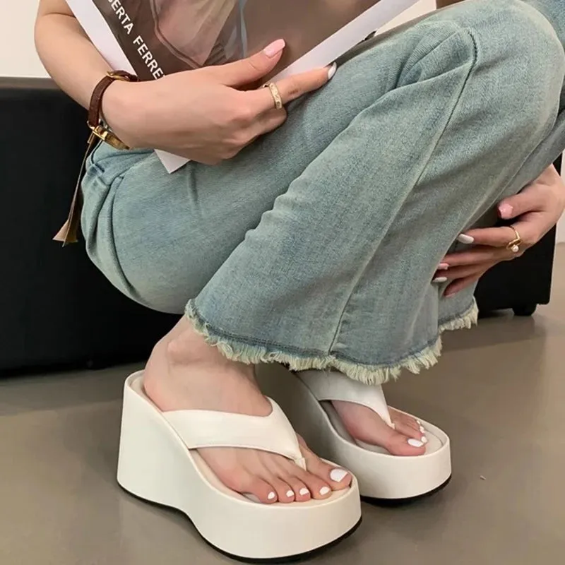 Hnzxzm Summer Chunky Woman Slippers Fashion Platform Wedges High Heel Silvery Ladies Shoes