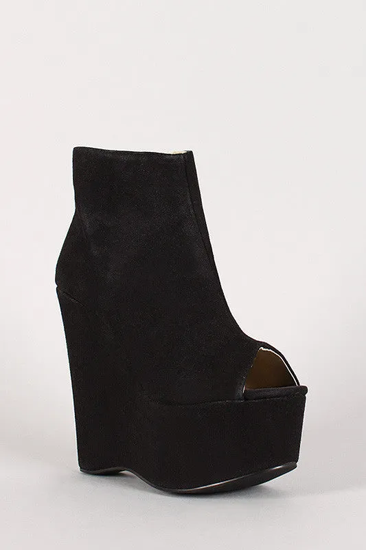 Suede Peep Toe Platform Wedge Bootie